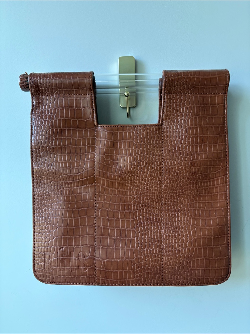 BEIS The Crossbody Bag Cognac Brown Faux Croc Leather Travel Snap Close 11x10.5"